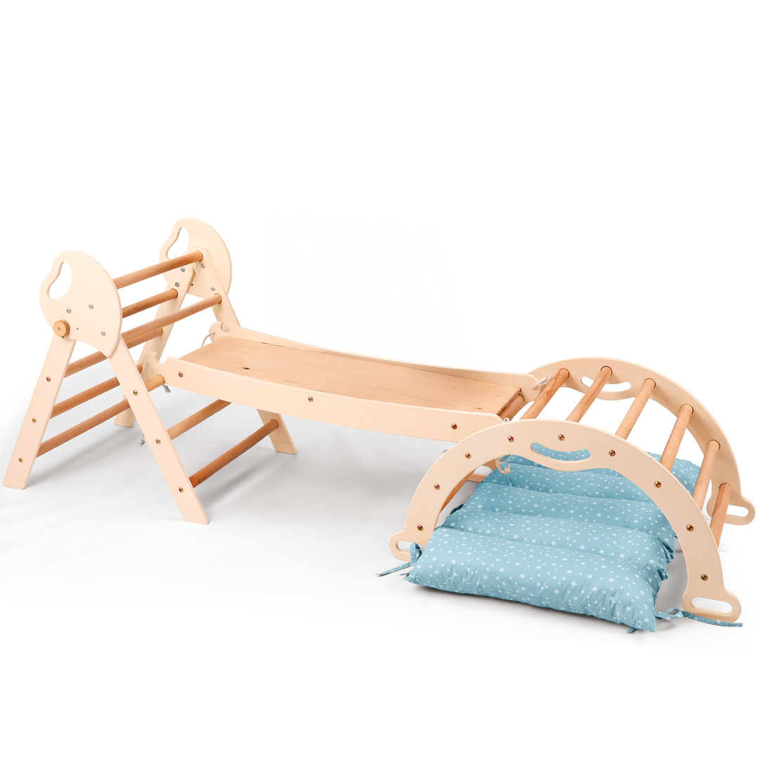 Conjunto de trepar 4 em 1 para crianças: Escada Triangular + Arco de Escalada + Escorrega + Almofada