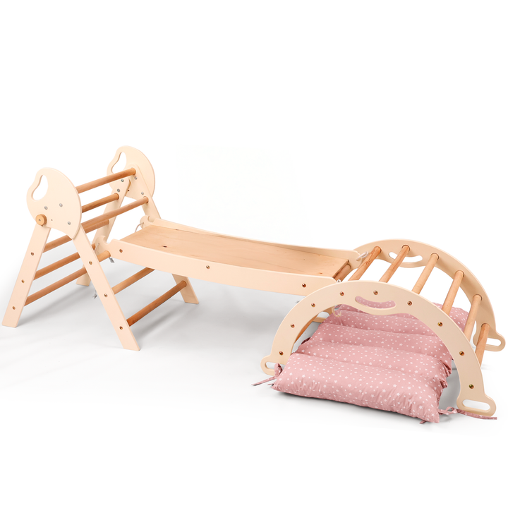 Conjunto de trepar 4 em 1 para crianças: Escada Triangular + Arco de Escalada + Escorrega + Almofada