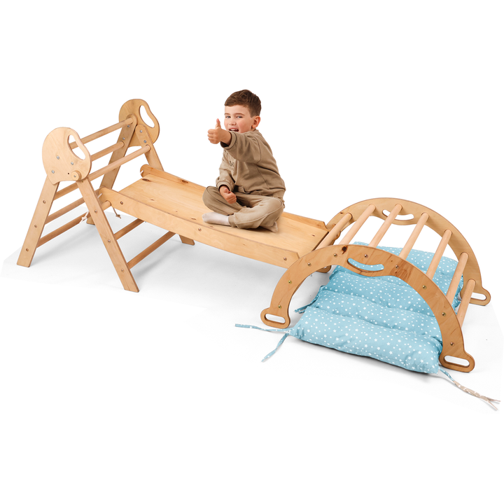 Conjunto de trepar 4 em 1 para crianças: Escada Triangular + Arco de Escalada + Escorrega + Almofada