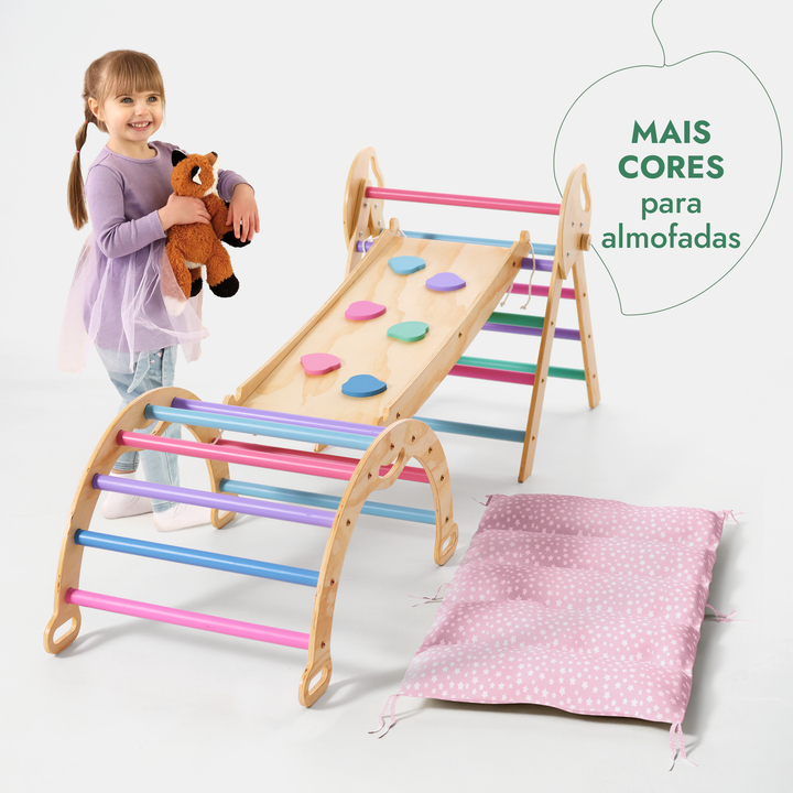 Conjunto de Escalada Montessori 4 em 1: Triângulo Pikler, Arco, Prancha de Escorregar e Almofada para Crianças Pequenas (1–3 anos) – Tons Pastel