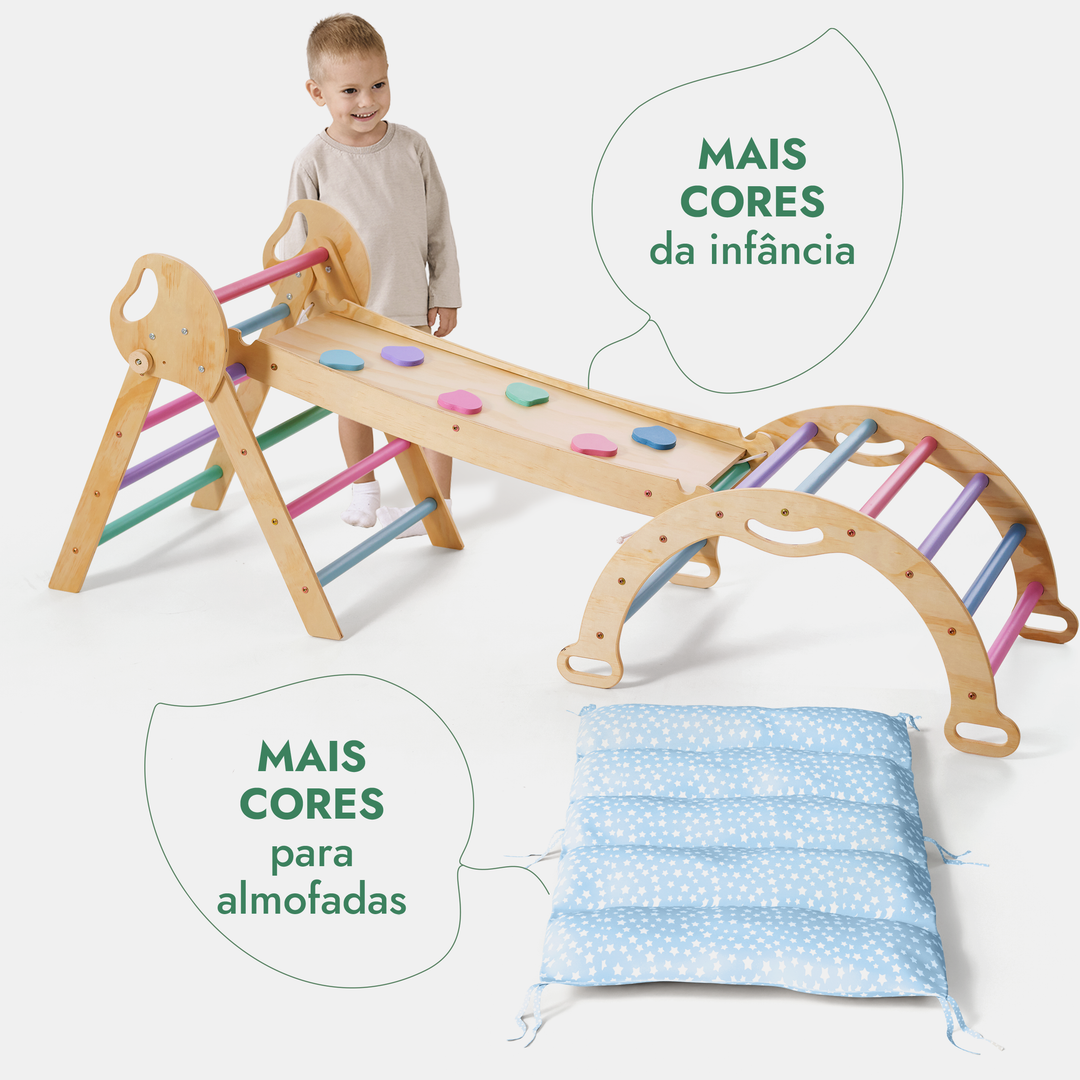 Conjunto de Escalada Montessori 4 em 1: Triângulo Pikler, Arco, Prancha de Escorregar e Almofada para Crianças Pequenas (1–3 anos) – Tons Pastel