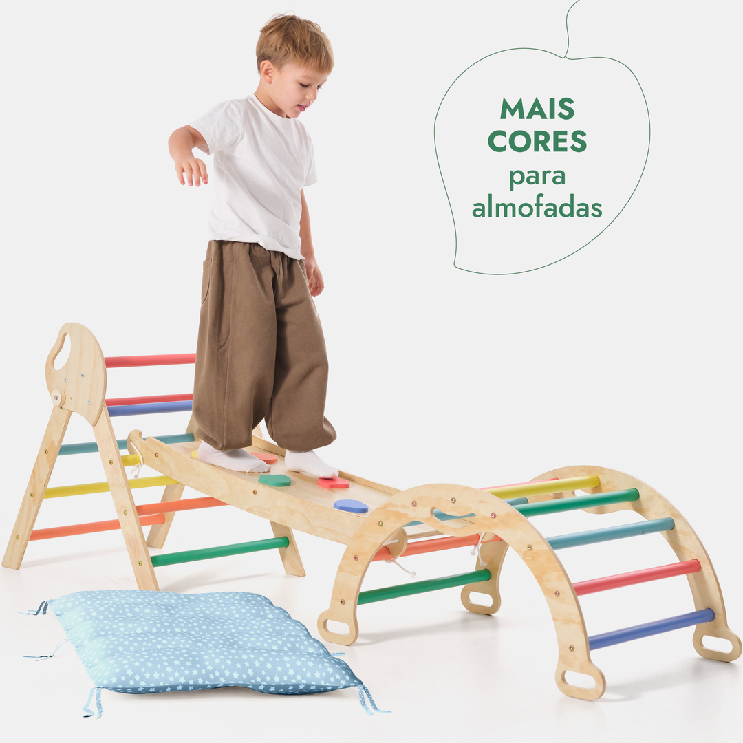 Conjunto de Escalada Montessori 4 em 1: Triângulo Pikler, Arco, Prancha de Escorregar e Almofada para Crianças Pequenas (1–3 anos) – Arco-Íris