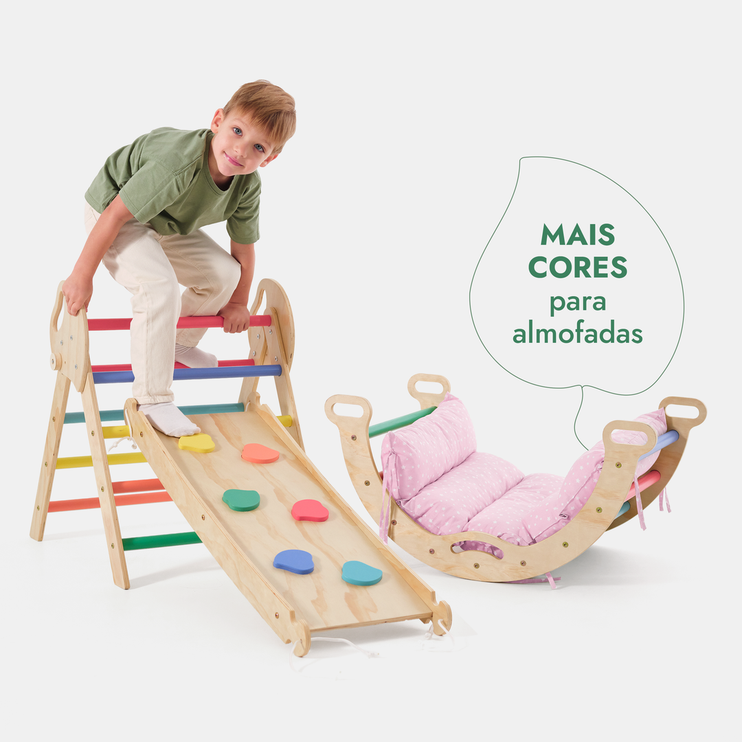 Conjunto de Escalada Montessori 4 em 1: Triângulo Pikler, Arco, Prancha de Escorregar e Almofada para Crianças Pequenas (1–3 anos) – Arco-Íris