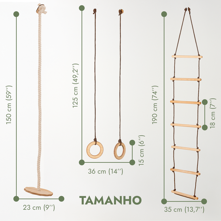 Conjunto de baloiços 3 em 1: Escada com corda + Argolas de ginástica + Baloiço de disco com corda