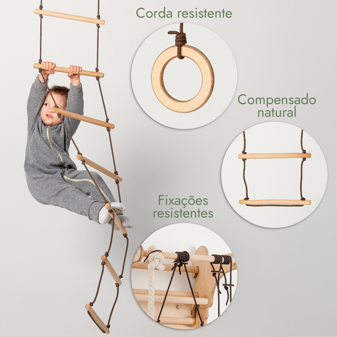 Conjunto de baloiços 3 em 1: Escada com corda + Argolas de ginástica + Baloiço de disco com corda