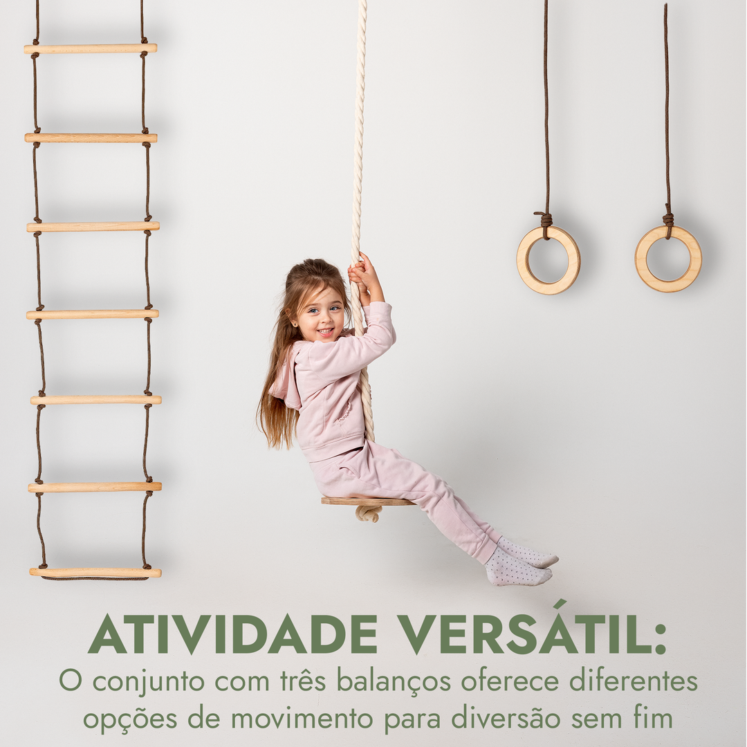 Conjunto de baloiços 3 em 1: Escada com corda + Argolas de ginástica + Baloiço de disco com corda