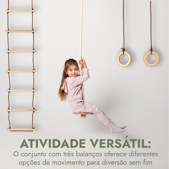 Conjunto de baloiços 3 em 1: Escada com corda + Argolas de ginástica + Baloiço de disco com corda