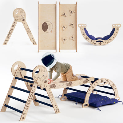 Conjunto de escalada Apollo 4 em 1: Triângulo Pikler, Arco, Escorrega e Almofada para Pequenos Astronautas (versão crianças de tenra idade)