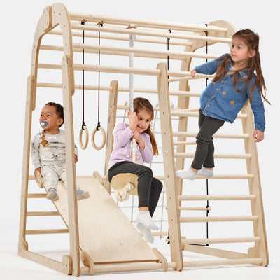 Parque infantil interior em madeira para crianças - Parque infantil 6 em 1 + conjunto de baloiços + escorrega