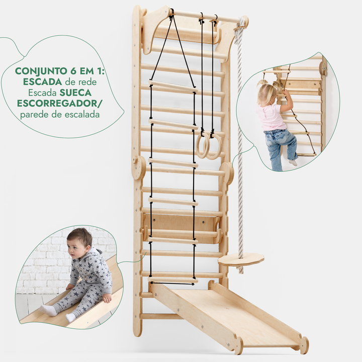 Parede sueca de madeira 6 em 1 / Escada de escalada para crianças + Baloiço + Escorrega