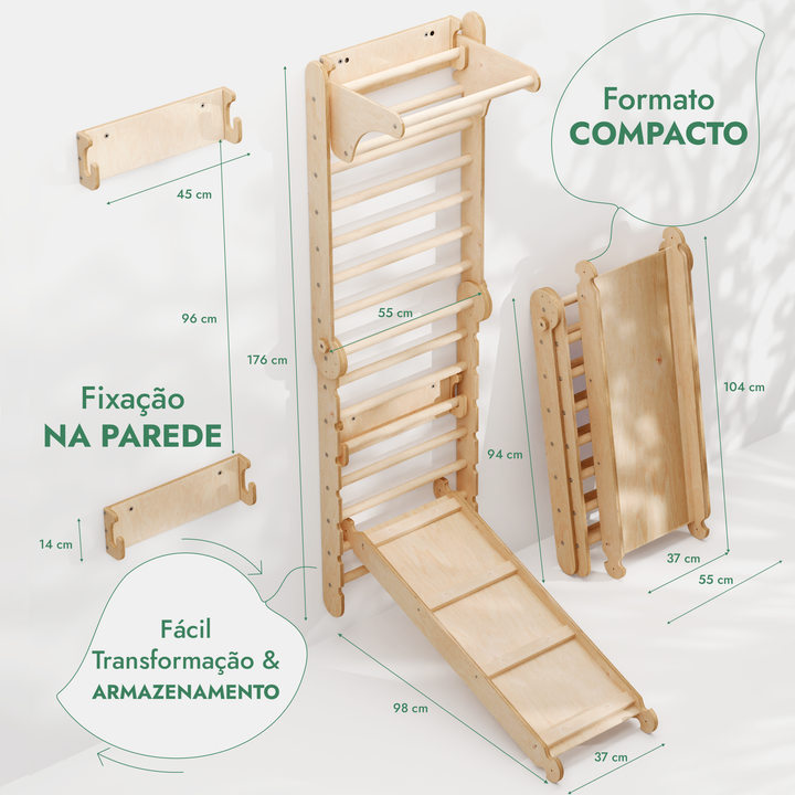 Parede sueca de madeira 6 em 1 / Escada de escalada para crianças + Baloiço + Escorrega