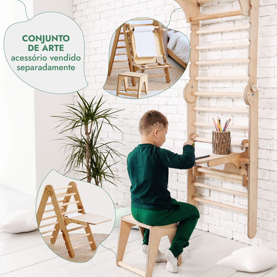Parede sueca de madeira 6 em 1 / Escada de escalada para crianças + Baloiço + Escorrega