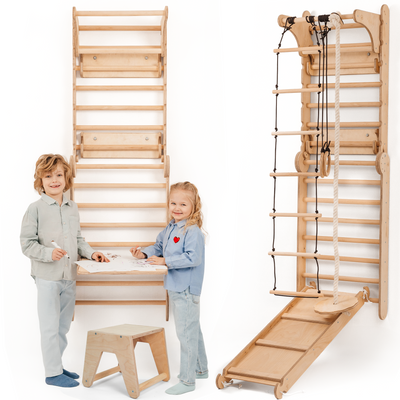 Parede sueca de madeira 4 em 1 / Escada de escalada para crianças + Baloiço + Escorrega + Quadro para desenho e arte