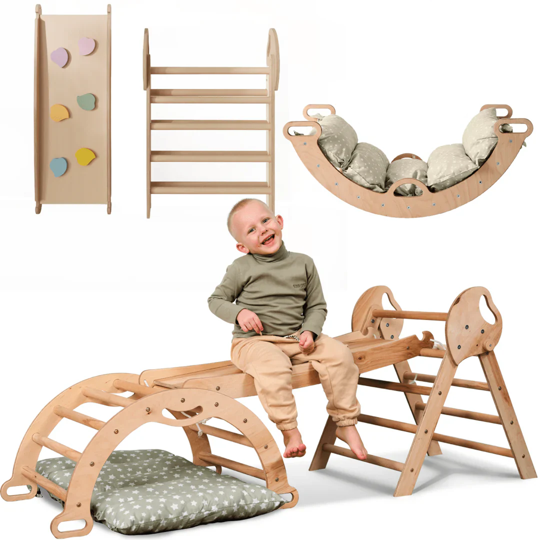Conjunto de trepar 4 em 1 para crianças: Escada Triangular + Arco de Escalada + Escorrega + Almofada