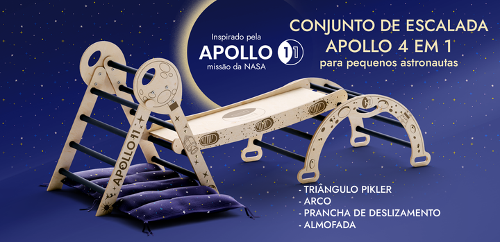 Conjunto de escalada Apollo 4 em 1: Triângulo Pikler, Arco, Escorrega e Almofada para Pequenos Astronautas (versão crianças de tenra idade)