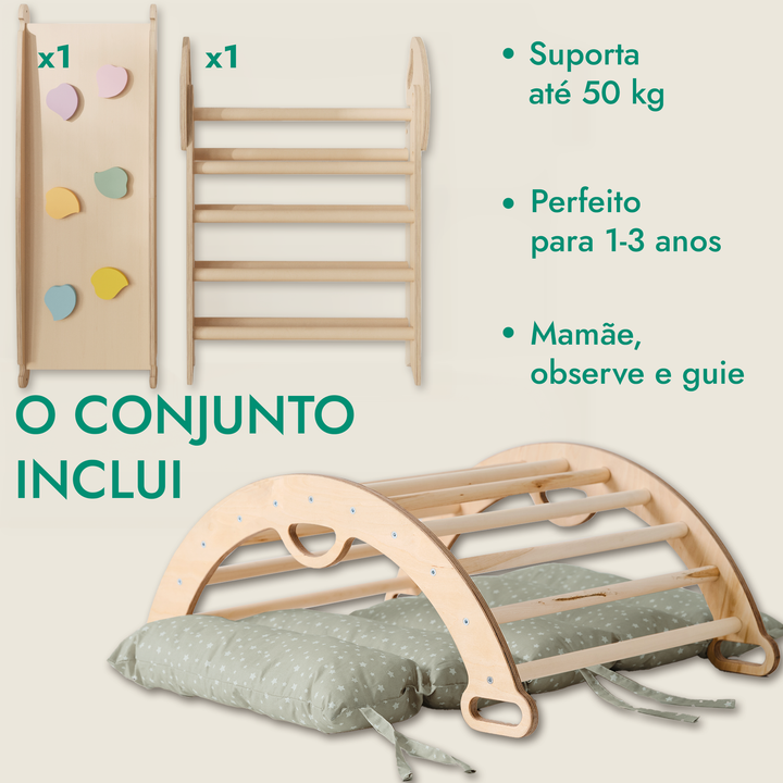 Conjunto de trepar 4 em 1 para crianças: Escada Triangular + Arco de Escalada + Escorrega + Almofada
