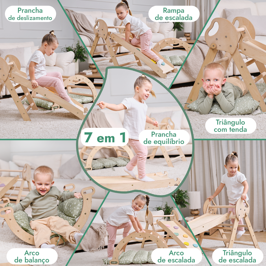 Conjunto de trepar 4 em 1 para crianças: Escada Triangular + Arco de Escalada + Escorrega + Almofada