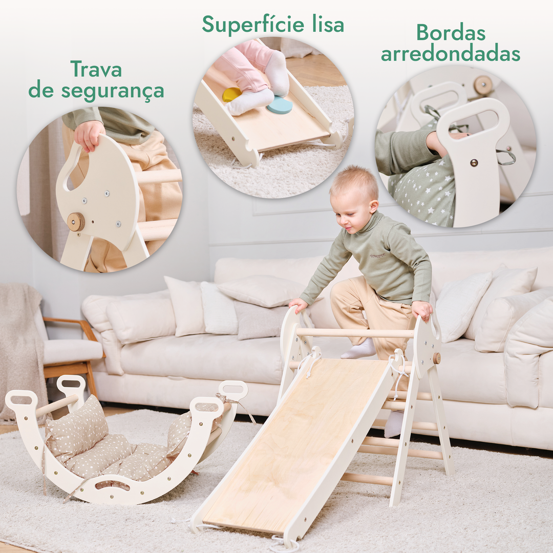 Conjunto de trepar 4 em 1 para crianças: Escada Triangular + Arco de Escalada + Escorrega + Almofada