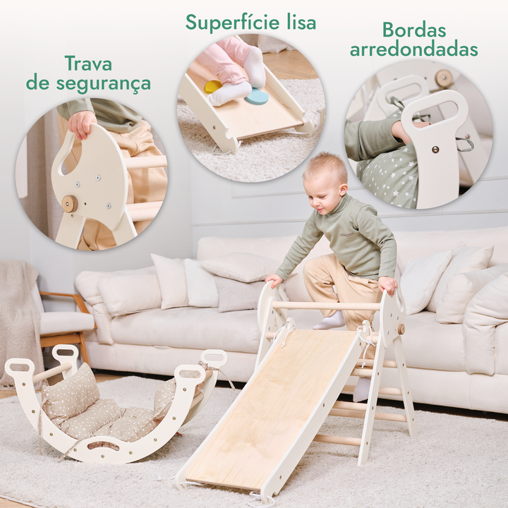 Conjunto de trepar 4 em 1 para crianças: Escada Triangular + Arco de Escalada + Escorrega + Almofada