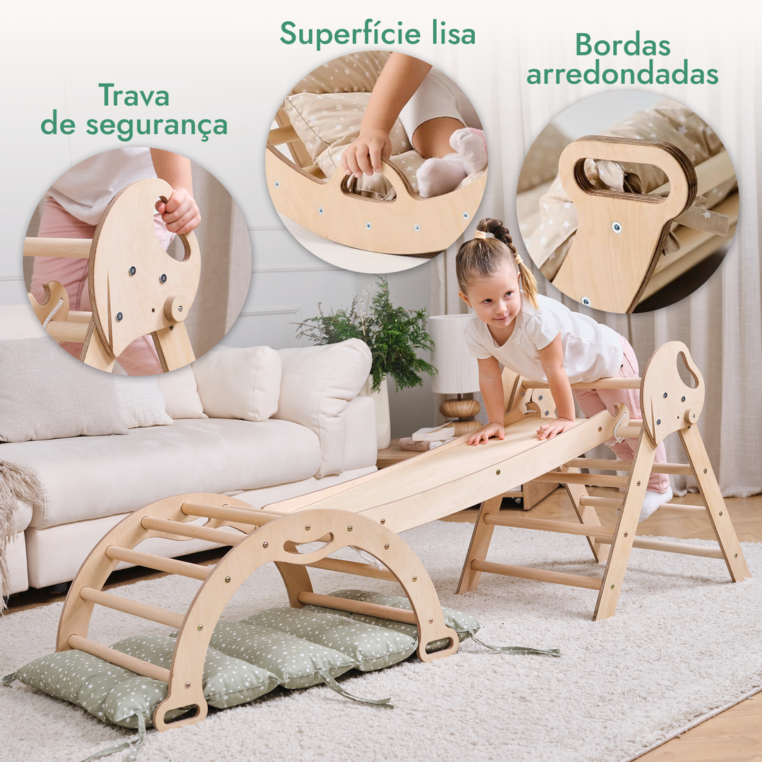 Conjunto de trepar 4 em 1 para crianças: Escada Triangular + Arco de Escalada + Escorrega + Almofada