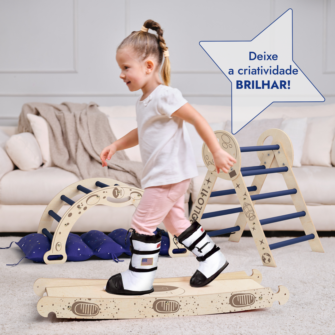 Conjunto de escalada Apollo 4 em 1: Triângulo Pikler, Arco, Escorrega e Almofada para Pequenos Astronautas (versão crianças de tenra idade)
