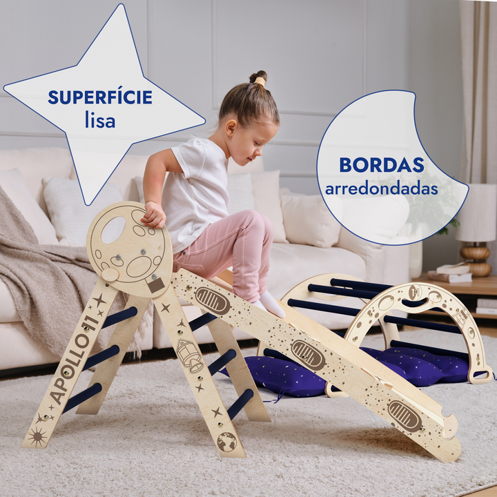 Conjunto de escalada Apollo 4 em 1: Triângulo Pikler, Arco, Escorrega e Almofada para Pequenos Astronautas (versão crianças de tenra idade)