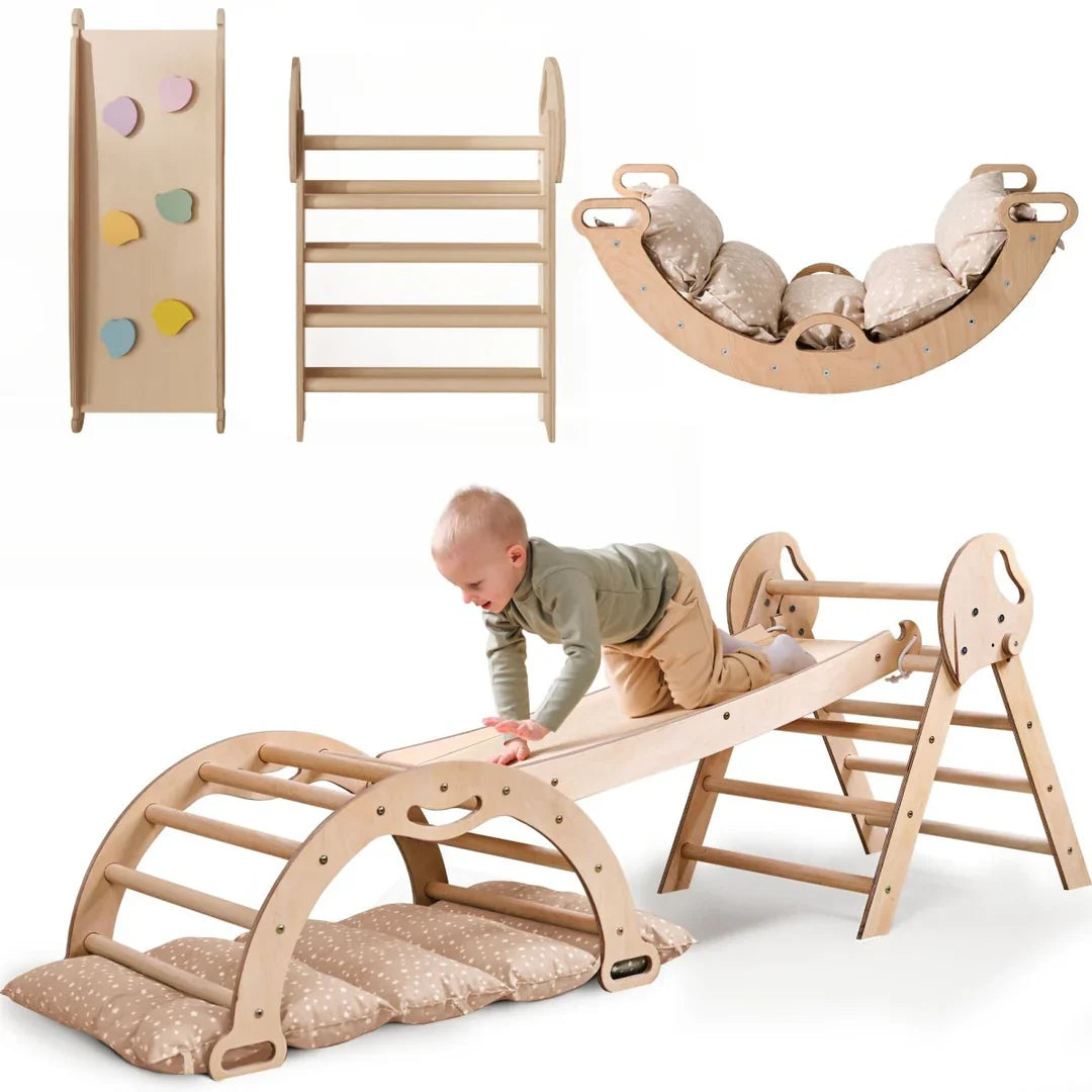 Conjunto de trepar 4 em 1 para crianças: Escada Triangular + Arco de Escalada + Escorrega + Almofada