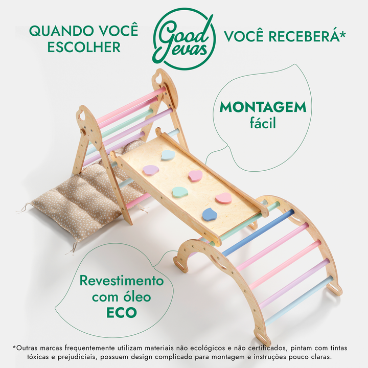 Conjunto de Escalada Montessori 4 em 1: Triângulo Pikler, Arco, Prancha de Escorregar e Almofada para Crianças Pequenas (1–3 anos) – Tons Pastel
