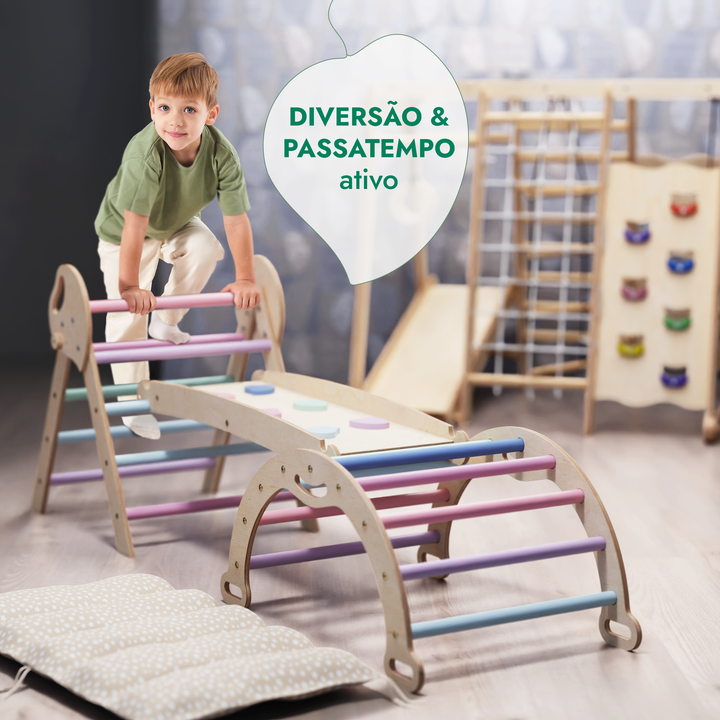 Conjunto de Escalada Montessori 4 em 1: Triângulo Pikler, Arco, Prancha de Escorregar e Almofada para Crianças Pequenas (1–3 anos) – Tons Pastel
