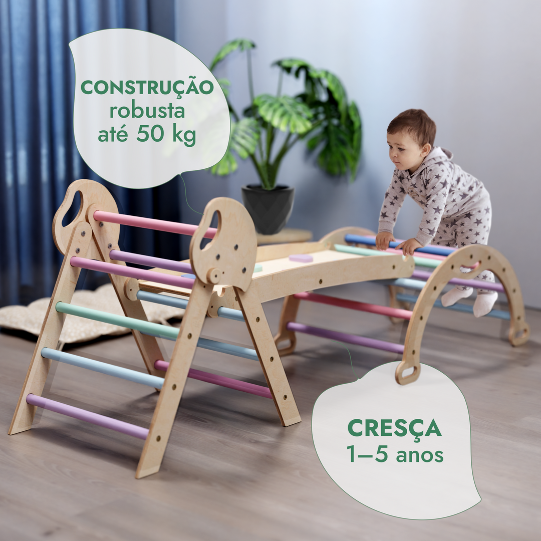 Conjunto de Escalada Montessori 4 em 1: Triângulo Pikler, Arco, Prancha de Escorregar e Almofada para Crianças Pequenas (1–3 anos) – Tons Pastel