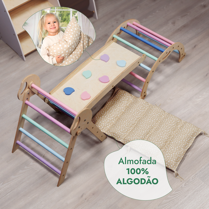 Conjunto de Escalada Montessori 4 em 1: Triângulo Pikler, Arco, Prancha de Escorregar e Almofada para Crianças Pequenas (1–3 anos) – Tons Pastel