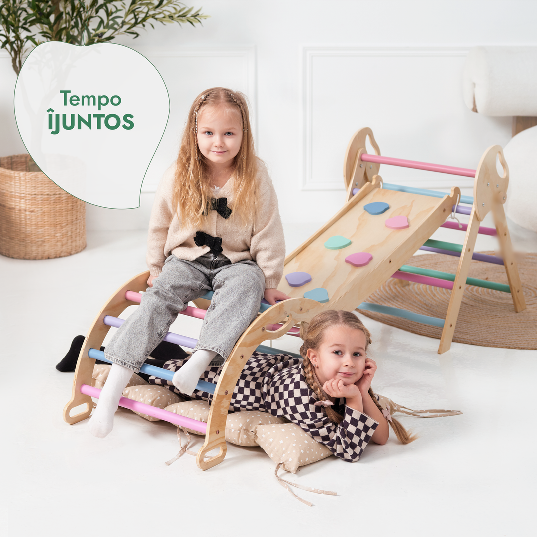 Conjunto de Escalada Montessori 4 em 1: Triângulo Pikler, Arco, Prancha de Escorregar e Almofada para Crianças Pequenas (1–3 anos) – Tons Pastel