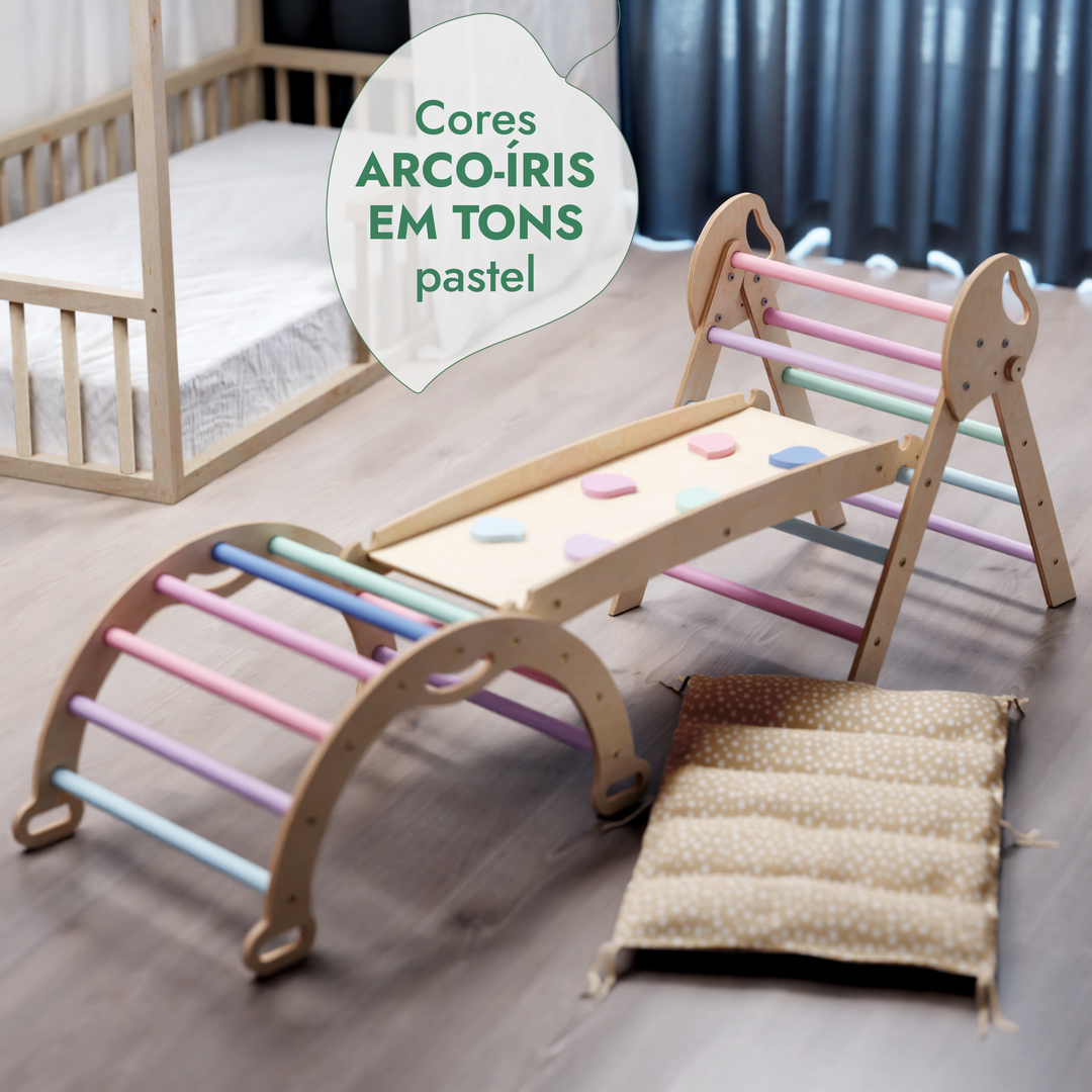 Conjunto de Escalada Montessori 4 em 1: Triângulo Pikler, Arco, Prancha de Escorregar e Almofada para Crianças Pequenas (1–3 anos) – Tons Pastel
