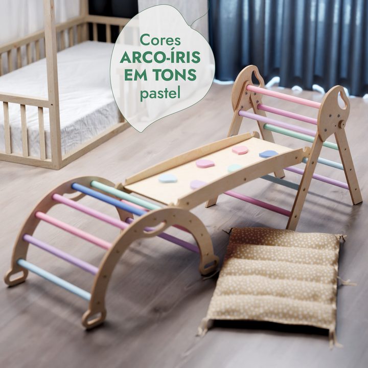 Conjunto de Escalada Montessori 4 em 1: Triângulo Pikler, Arco, Prancha de Escorregar e Almofada para Crianças Pequenas (1–3 anos) – Tons Pastel