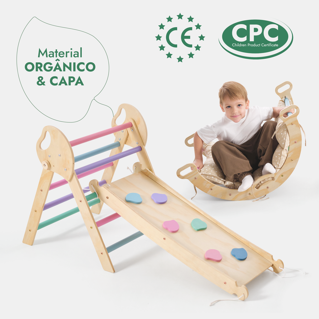 Conjunto de Escalada Montessori 4 em 1: Triângulo Pikler, Arco, Prancha de Escorregar e Almofada para Crianças Pequenas (1–3 anos) – Tons Pastel