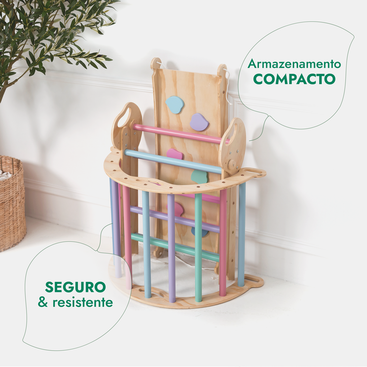 Conjunto de Escalada Montessori 4 em 1: Triângulo Pikler, Arco, Prancha de Escorregar e Almofada para Crianças Pequenas (1–3 anos) – Tons Pastel