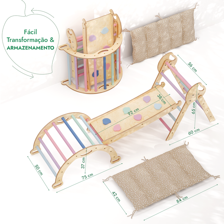 Conjunto de Escalada Montessori 4 em 1: Triângulo Pikler, Arco, Prancha de Escorregar e Almofada para Crianças Pequenas (1–3 anos) – Tons Pastel