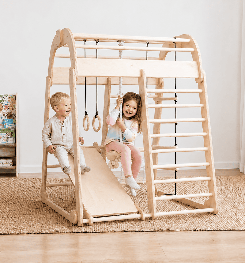 Parque infantil interior em madeira para crianças - Parque infantil 6 em 1 + conjunto de baloiços + escorrega