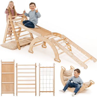 Conjunto de estrutura de escalada Montessori 5 em 1: Escada triangular + Arco/Baloiço + Escorrega/Rampa + Rede de escalada + Almofada