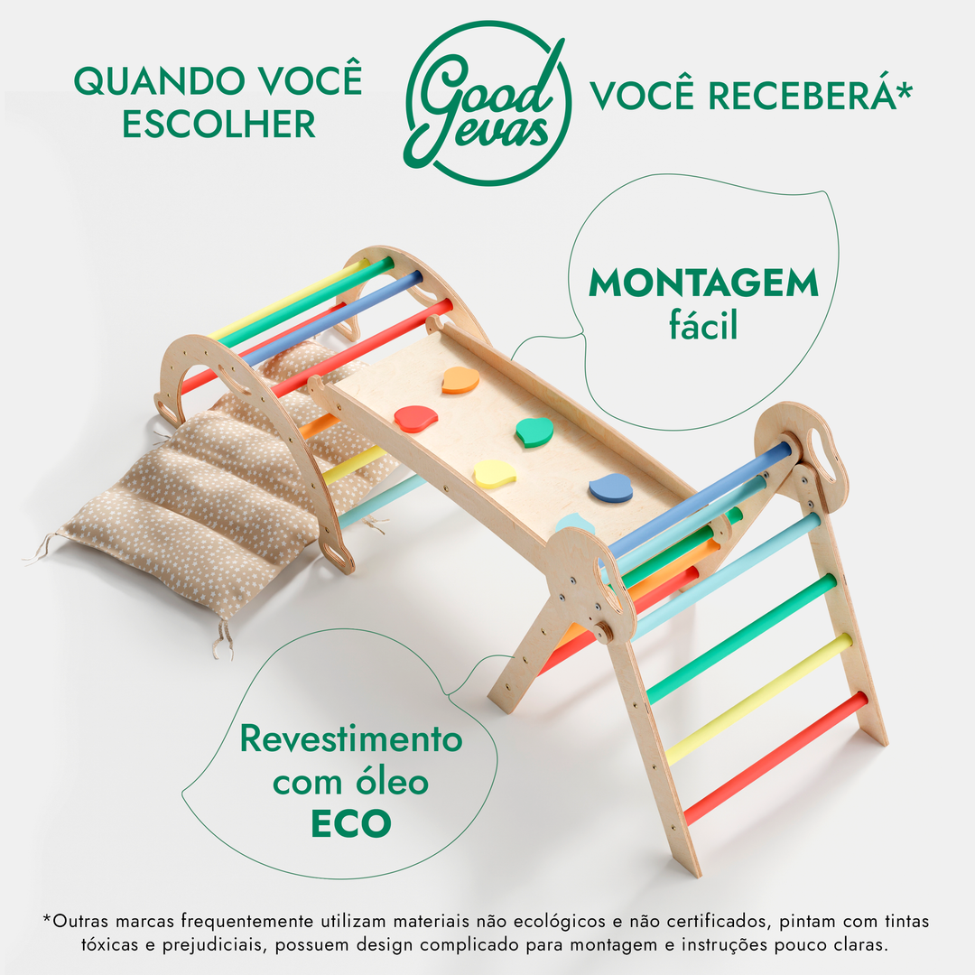 Conjunto de Escalada Montessori 4 em 1: Triângulo Pikler, Arco, Prancha de Escorregar e Almofada para Crianças Pequenas (1–3 anos) – Arco-Íris