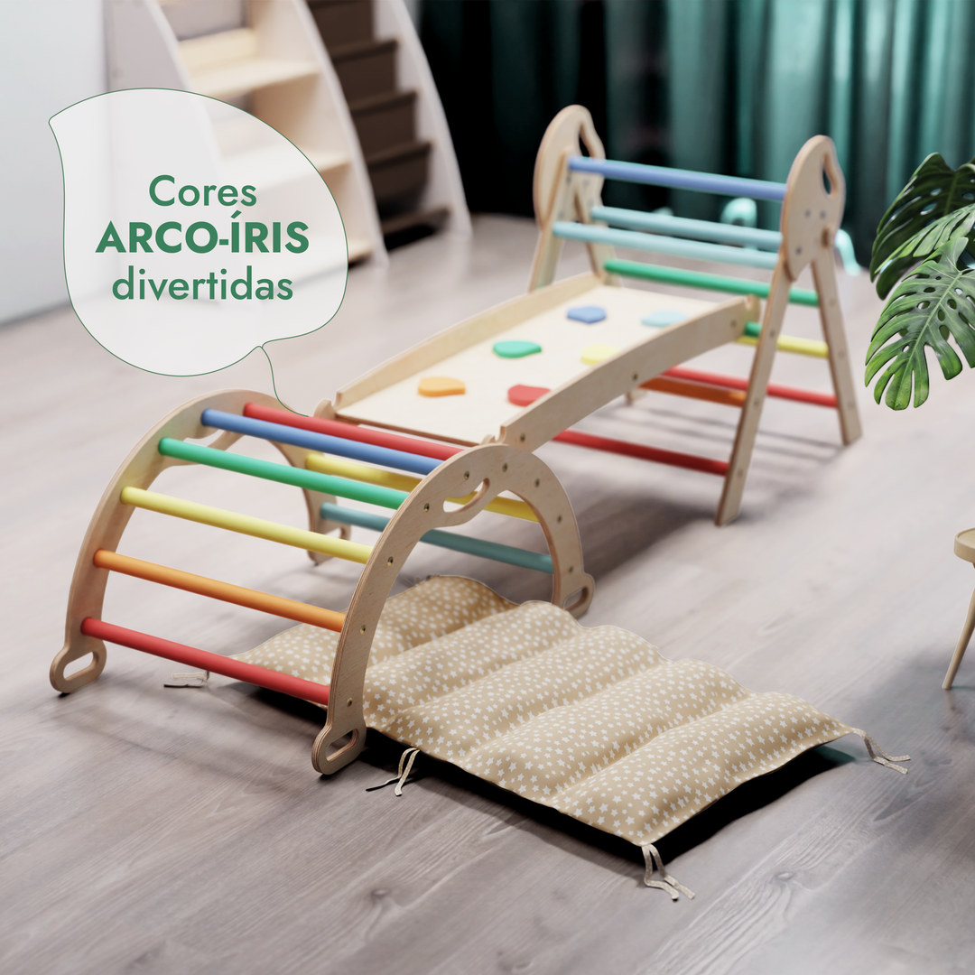 Conjunto de Escalada Montessori 4 em 1: Triângulo Pikler, Arco, Prancha de Escorregar e Almofada para Crianças Pequenas (1–3 anos) – Arco-Íris