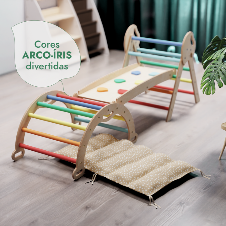 Conjunto de Escalada Montessori 4 em 1: Triângulo Pikler, Arco, Prancha de Escorregar e Almofada para Crianças Pequenas (1–3 anos) – Arco-Íris
