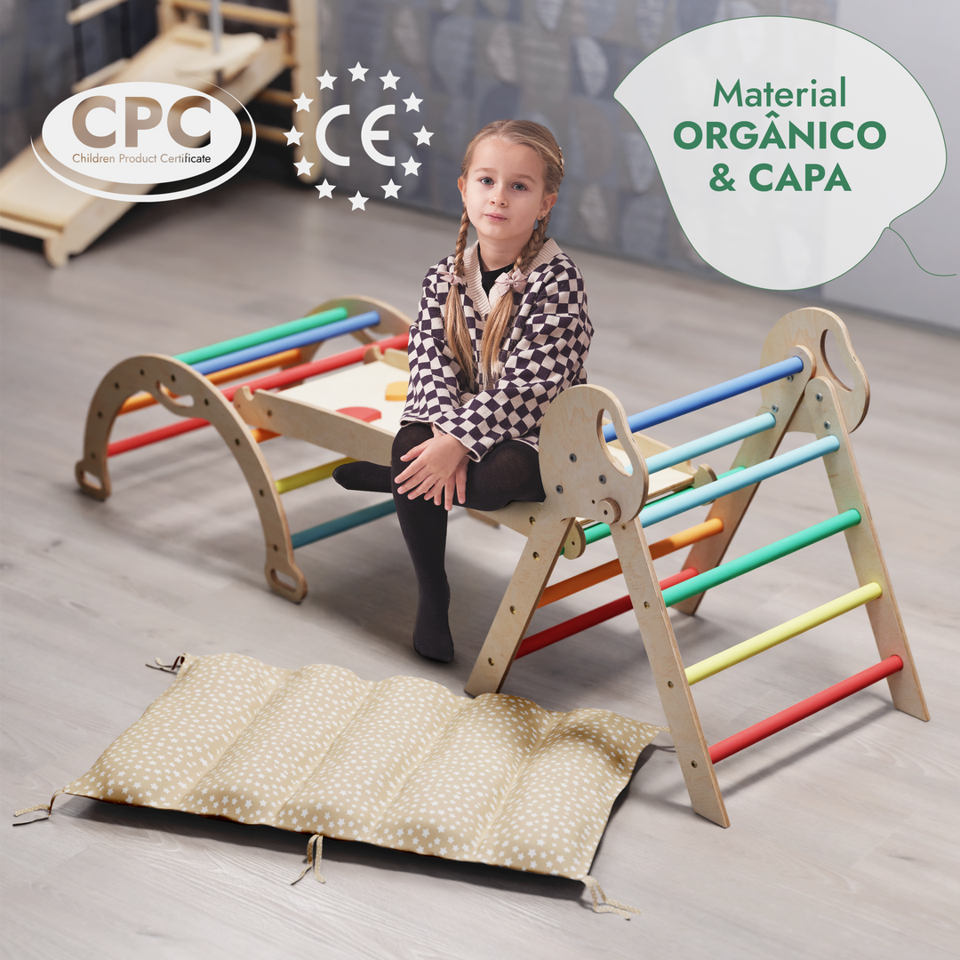 Conjunto de Escalada Montessori 4 em 1: Triângulo Pikler, Arco, Prancha de Escorregar e Almofada para Crianças Pequenas (1–3 anos) – Arco-Íris