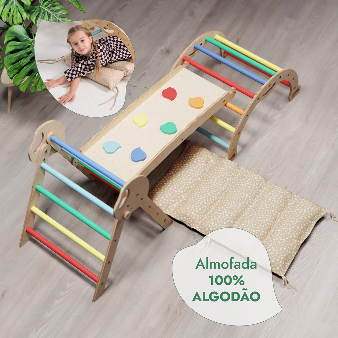 Conjunto de Escalada Montessori 4 em 1: Triângulo Pikler, Arco, Prancha de Escorregar e Almofada para Crianças Pequenas (1–3 anos) – Arco-Íris