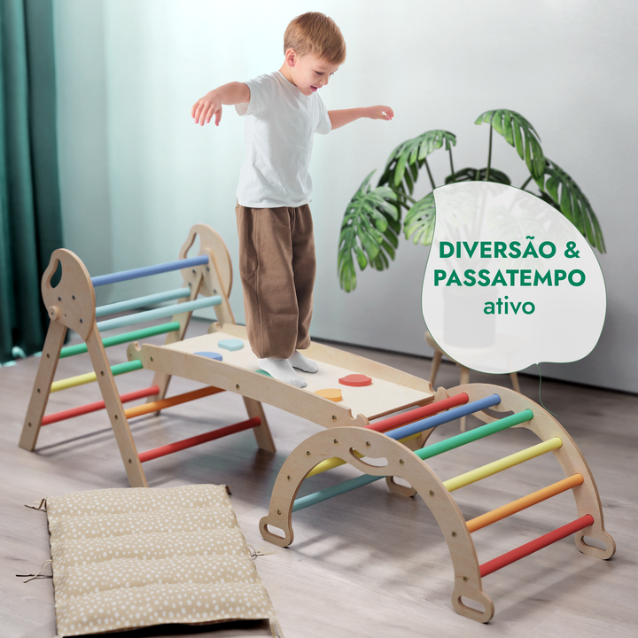 Conjunto de Escalada Montessori 4 em 1: Triângulo Pikler, Arco, Prancha de Escorregar e Almofada para Crianças Pequenas (1–3 anos) – Arco-Íris