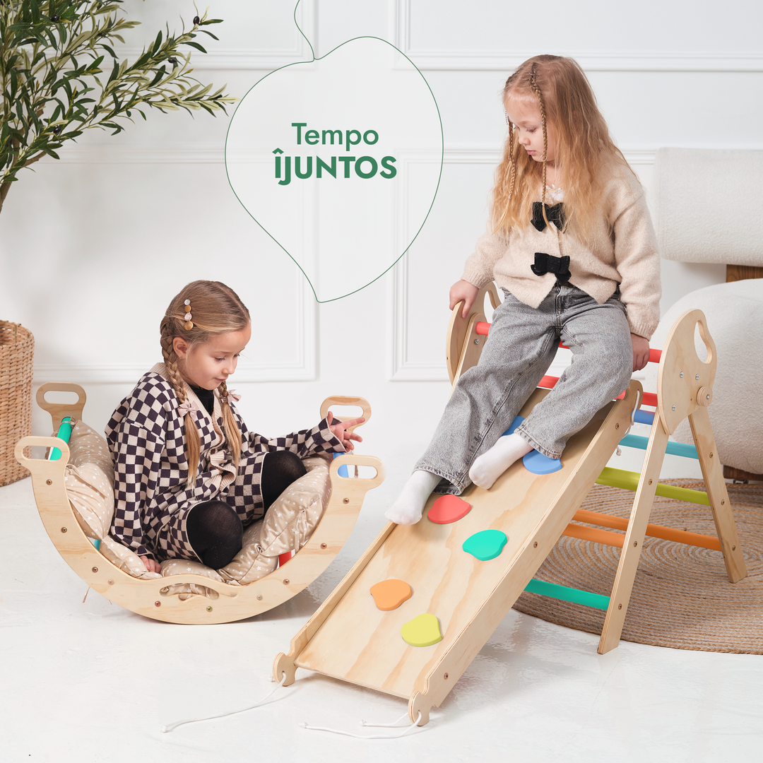 Conjunto de Escalada Montessori 4 em 1: Triângulo Pikler, Arco, Prancha de Escorregar e Almofada para Crianças Pequenas (1–3 anos) – Arco-Íris
