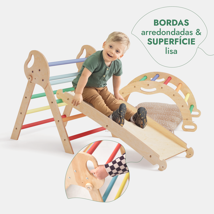 Conjunto de Escalada Montessori 4 em 1: Triângulo Pikler, Arco, Prancha de Escorregar e Almofada para Crianças Pequenas (1–3 anos) – Arco-Íris