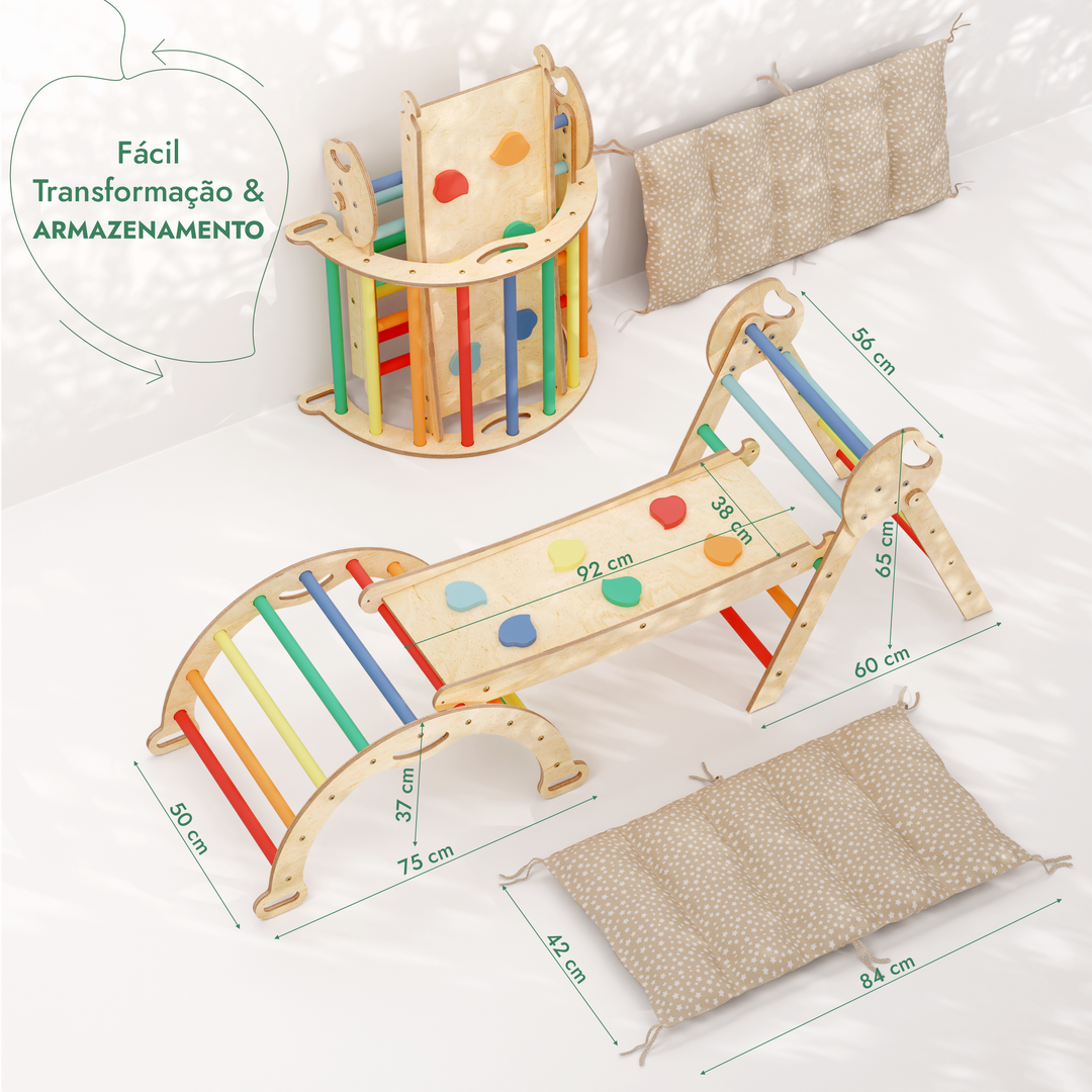 Conjunto de Escalada Montessori 4 em 1: Triângulo Pikler, Arco, Prancha de Escorregar e Almofada para Crianças Pequenas (1–3 anos) – Arco-Íris
