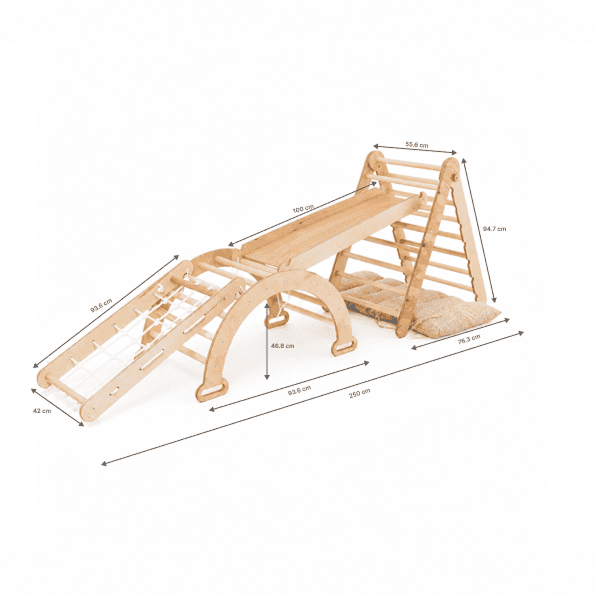 Conjunto de escalada Montessori 6 em 1: Escada triangular + Arco/Baloiço + Escorrega/Rampa + Rede + Almofada + Acessório de desenho e arte