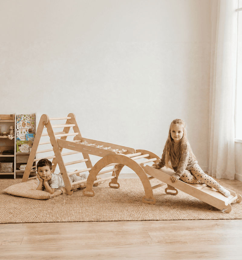 Conjunto de escalada Montessori 6 em 1: Escada triangular + Arco/Baloiço + Escorrega/Rampa + Rede + Almofada + Acessório de desenho e arte